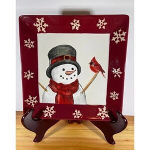 Vintage St Nicholas Square Yuletide SNOWMAN Cardinal Plate Candy Dish Decor 8.5”
